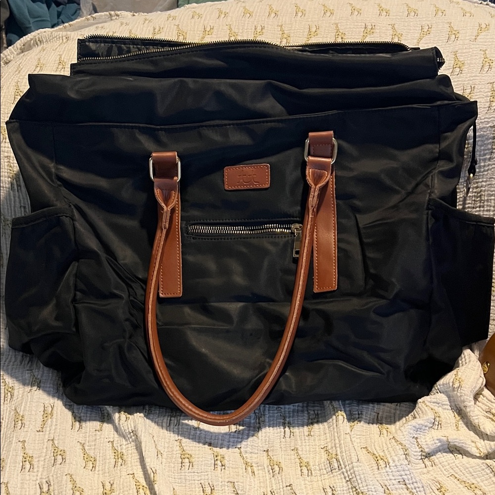 Black Nylon teacher tote Bag built in cooler brown leather handles zip top